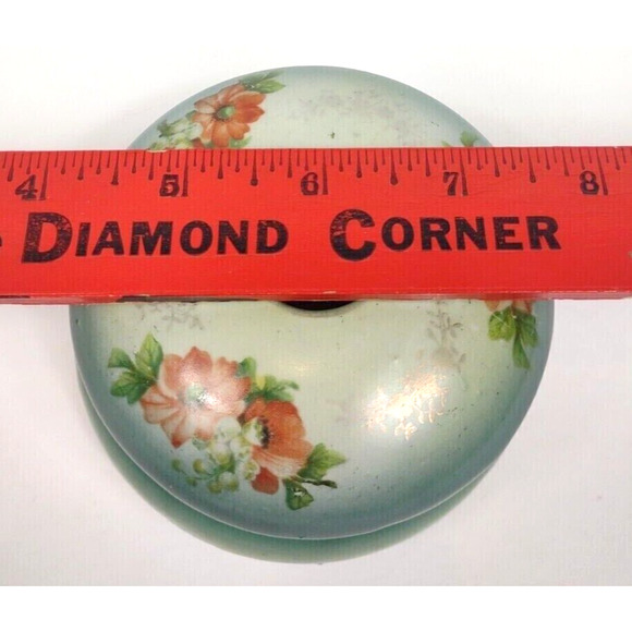 Antique Porcelain Hair Receiver Green Floral Vanity Decor 2 Piece Marked #77 - Picture 4 of 9